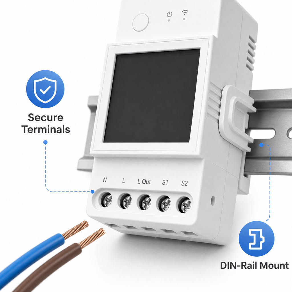 Secure wiring terminals and DIN rail mount detail for WiFi energy meter