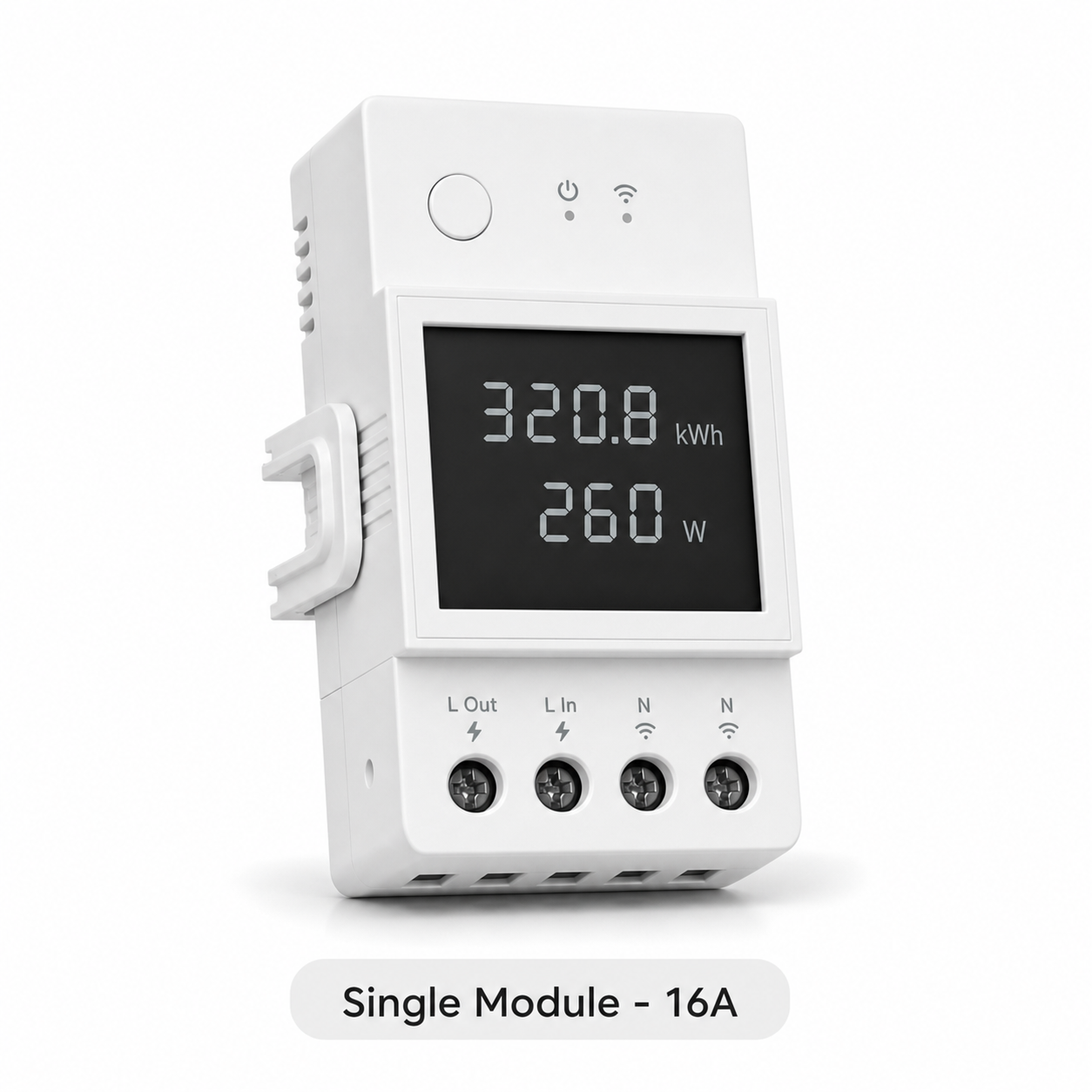 Studio packshot of single 16A WiFi DIN rail energy meter module
