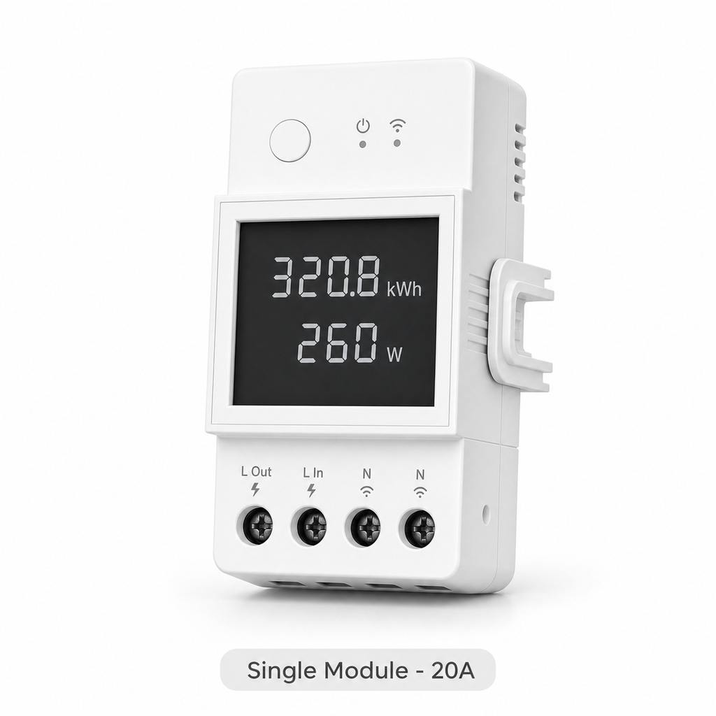 Studio packshot of single 20A WiFi DIN rail energy meter module