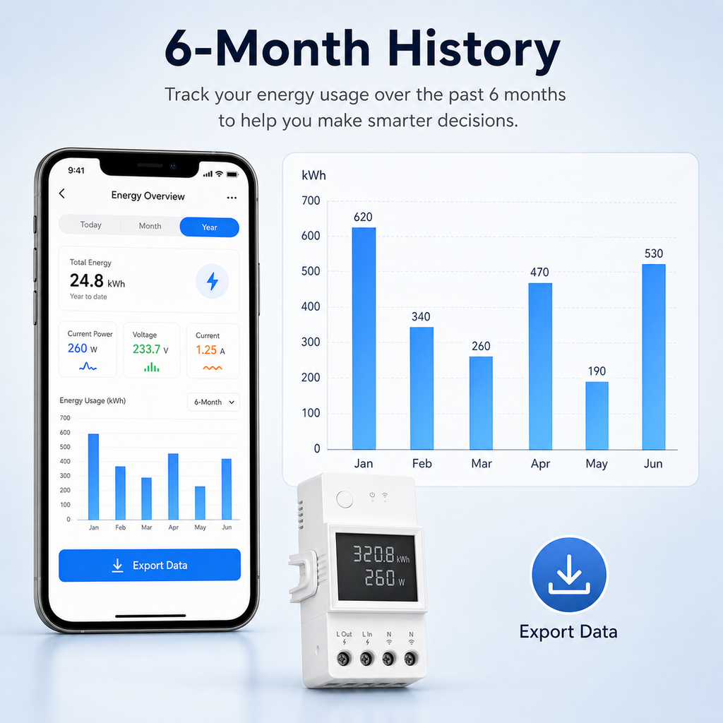 Six-month energy history chart for WiFi power meter app