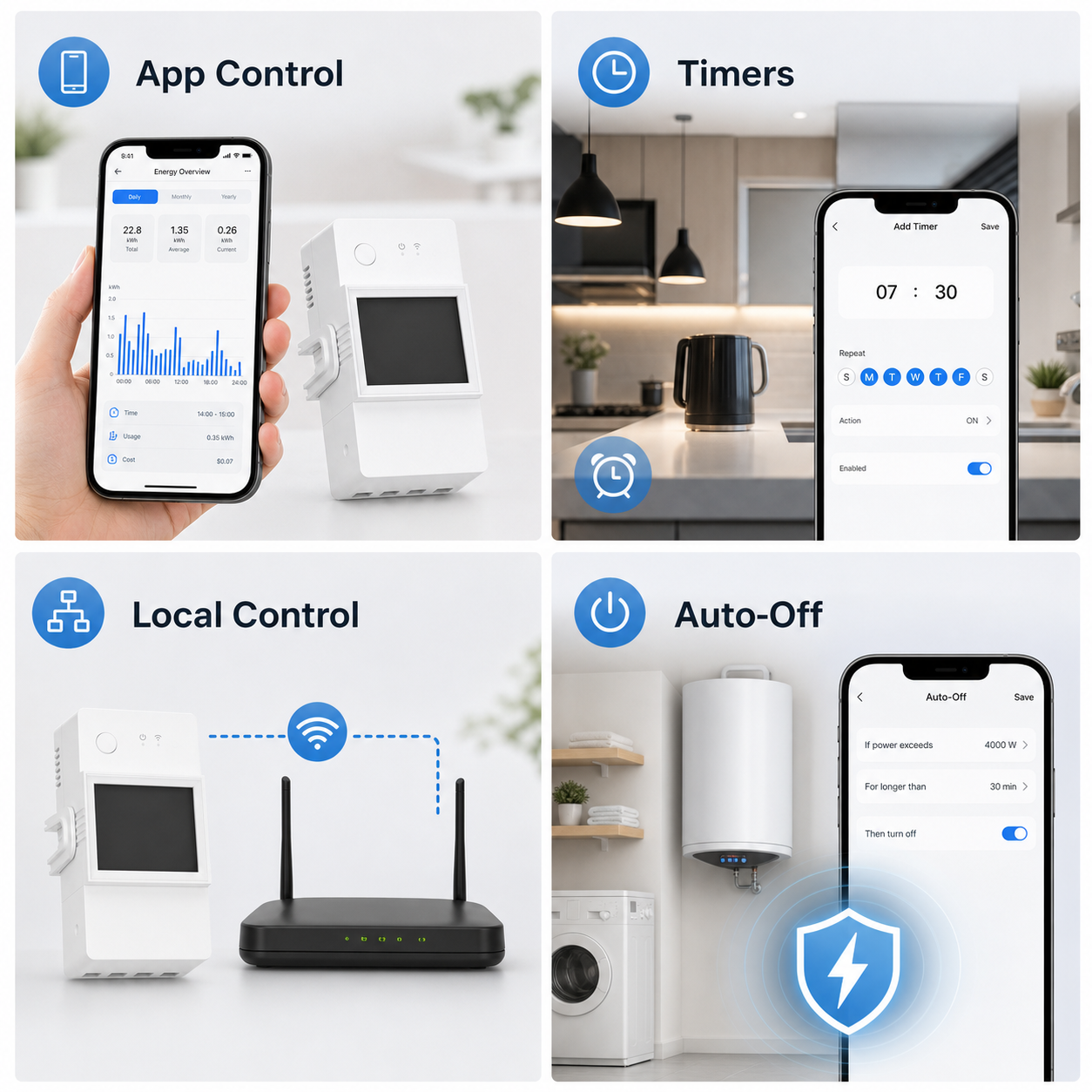App control timers local control and auto-off features for WiFi energy meter