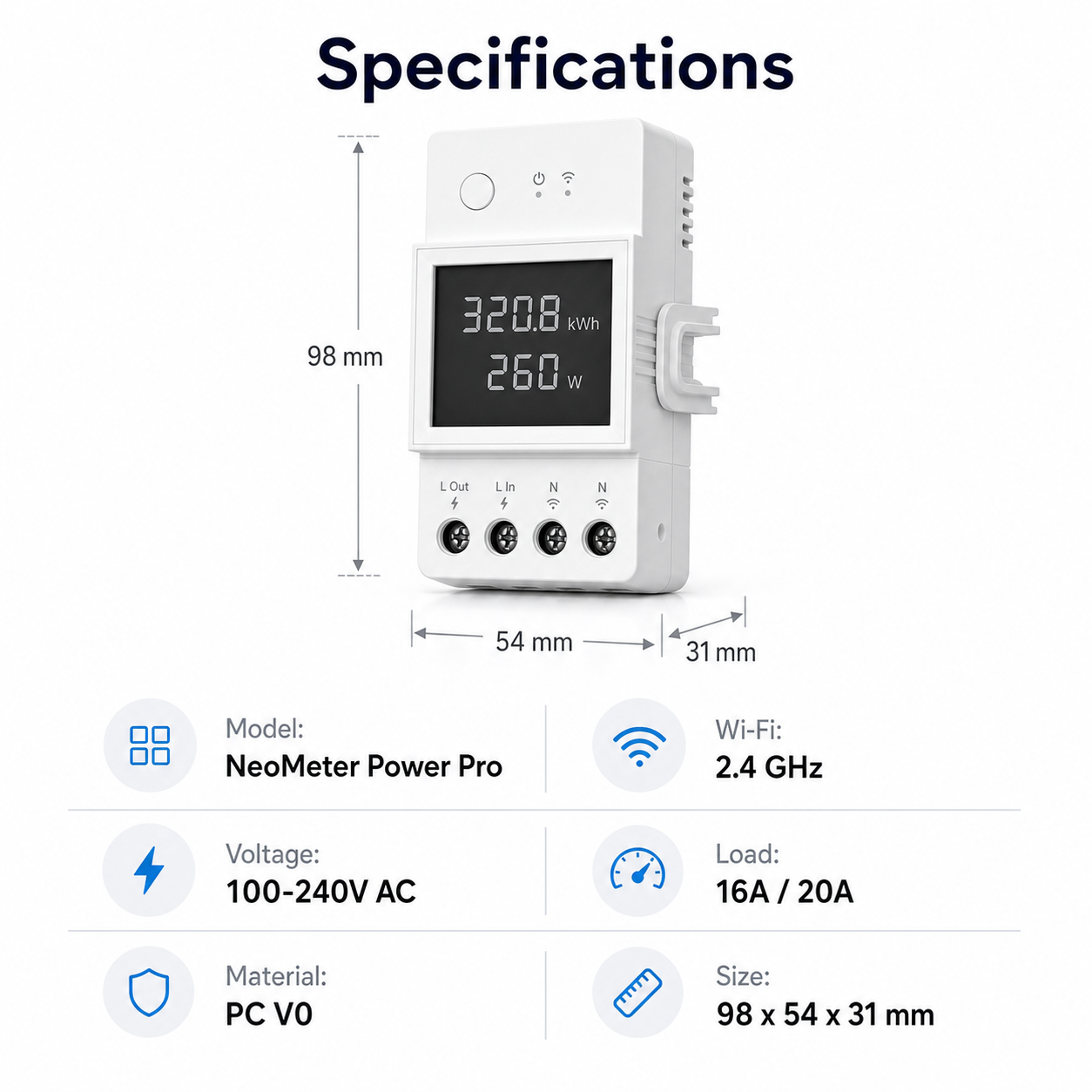 Specifications and dimensions for NeoMeter Power Pro WiFi energy meter