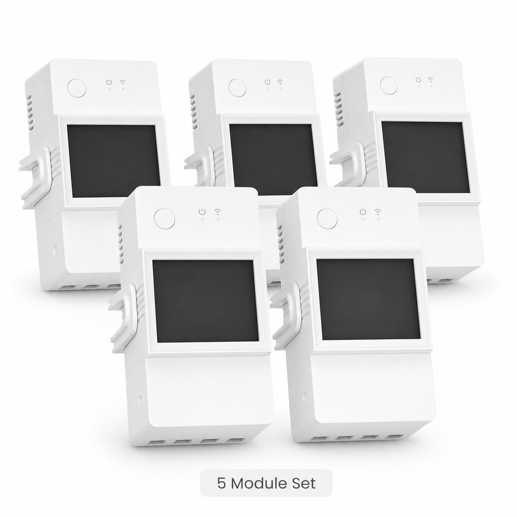Studio packshot of five WiFi DIN rail energy meter modules