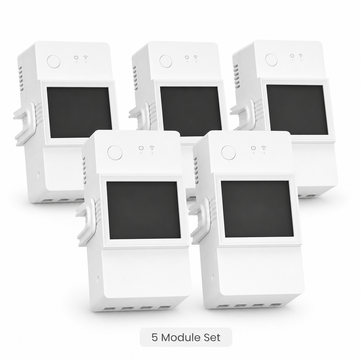 Studio packshot of five WiFi DIN rail energy meter modules