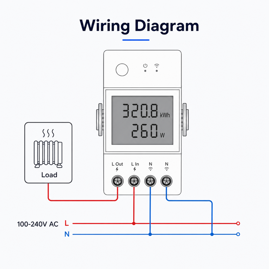 Wiring diagram for WiFi DIN rail energy meter module and load