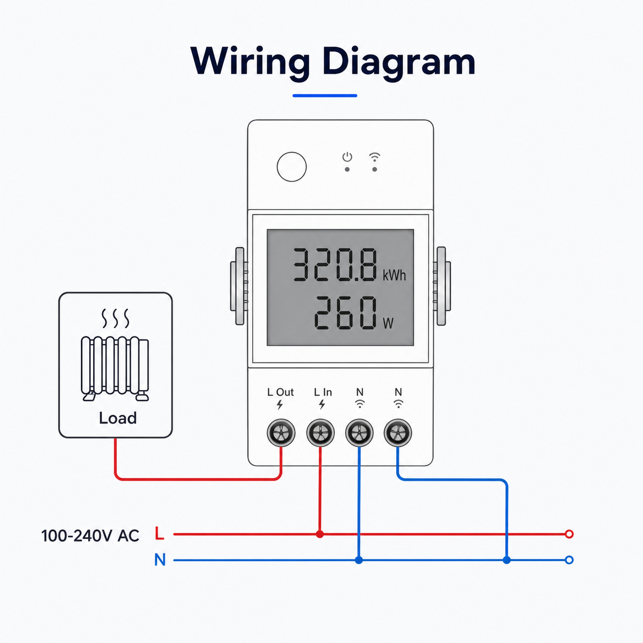 Wiring diagram for WiFi DIN rail energy meter module and load