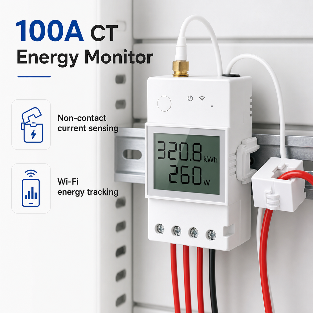 Studio image of NéoMeter Ring Pro 100A CT energy monitor installed on DIN rail