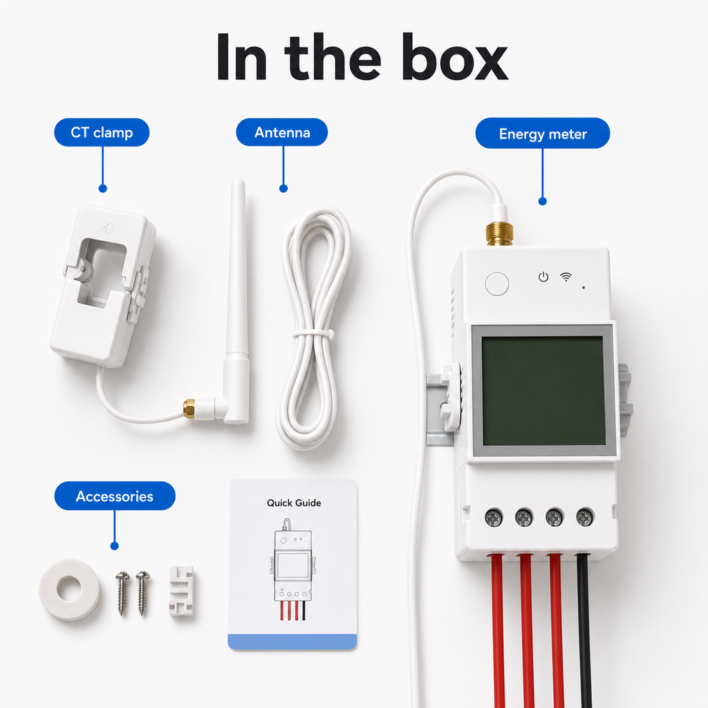 In the box flat lay showing NéoMeter Ring Pro energy meter CT clamp antenna and accessories