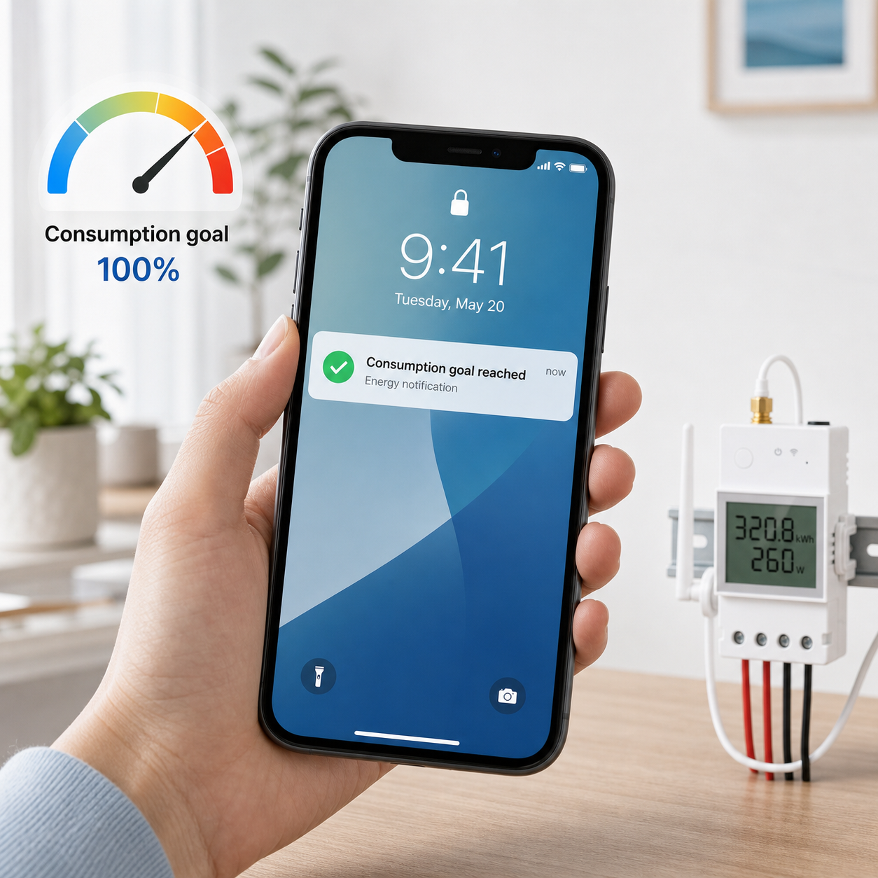 Smartphone energy notification for a consumption goal reached with NéoMeter Ring Pro