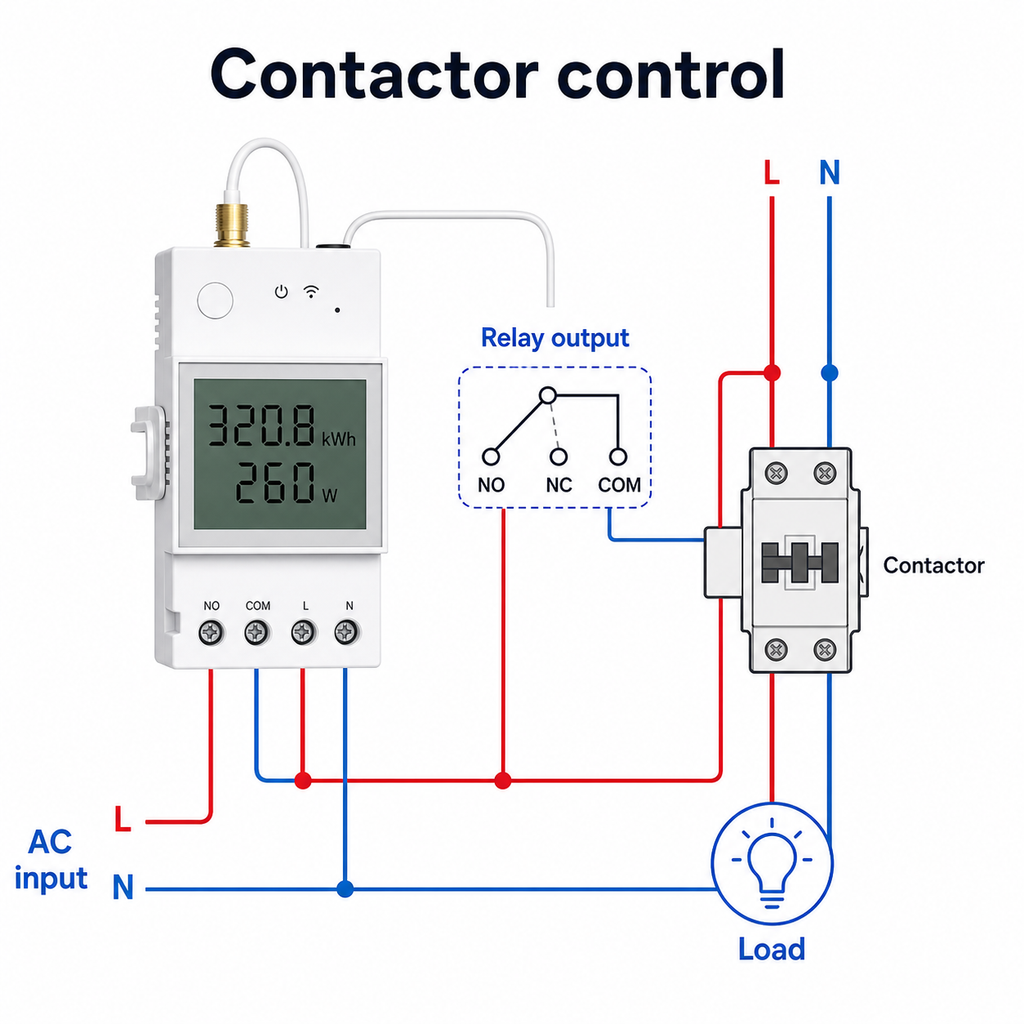 Contactor control wiring diagram for NéoMeter Ring Pro energy meter