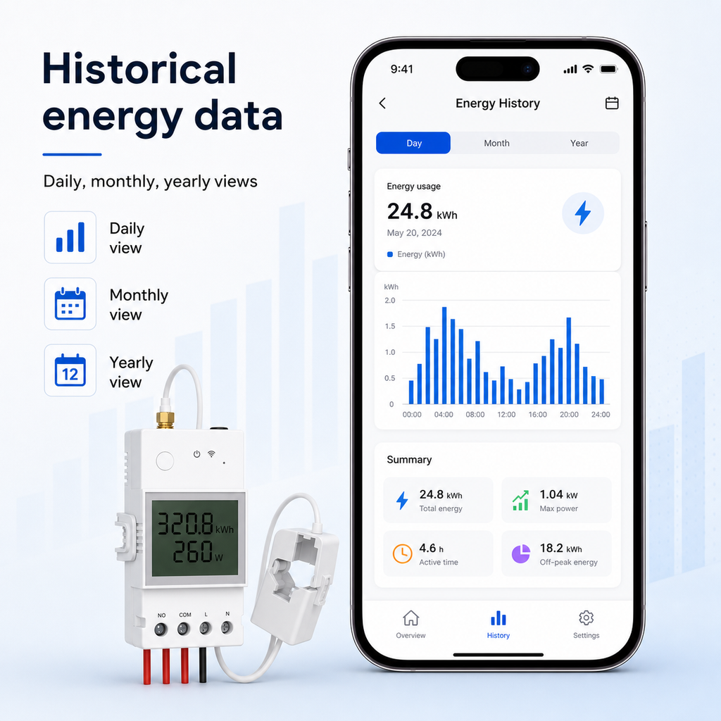 Generic app dashboard showing historical energy data for NéoMeter Ring Pro