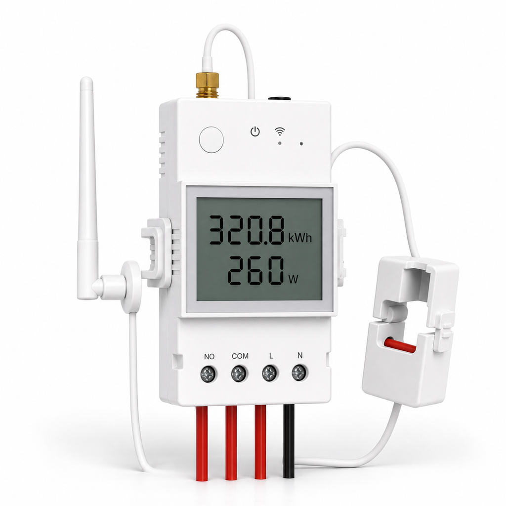 Studio packshot of NéoMeter Ring Pro kit with energy meter CT clamp and antenna