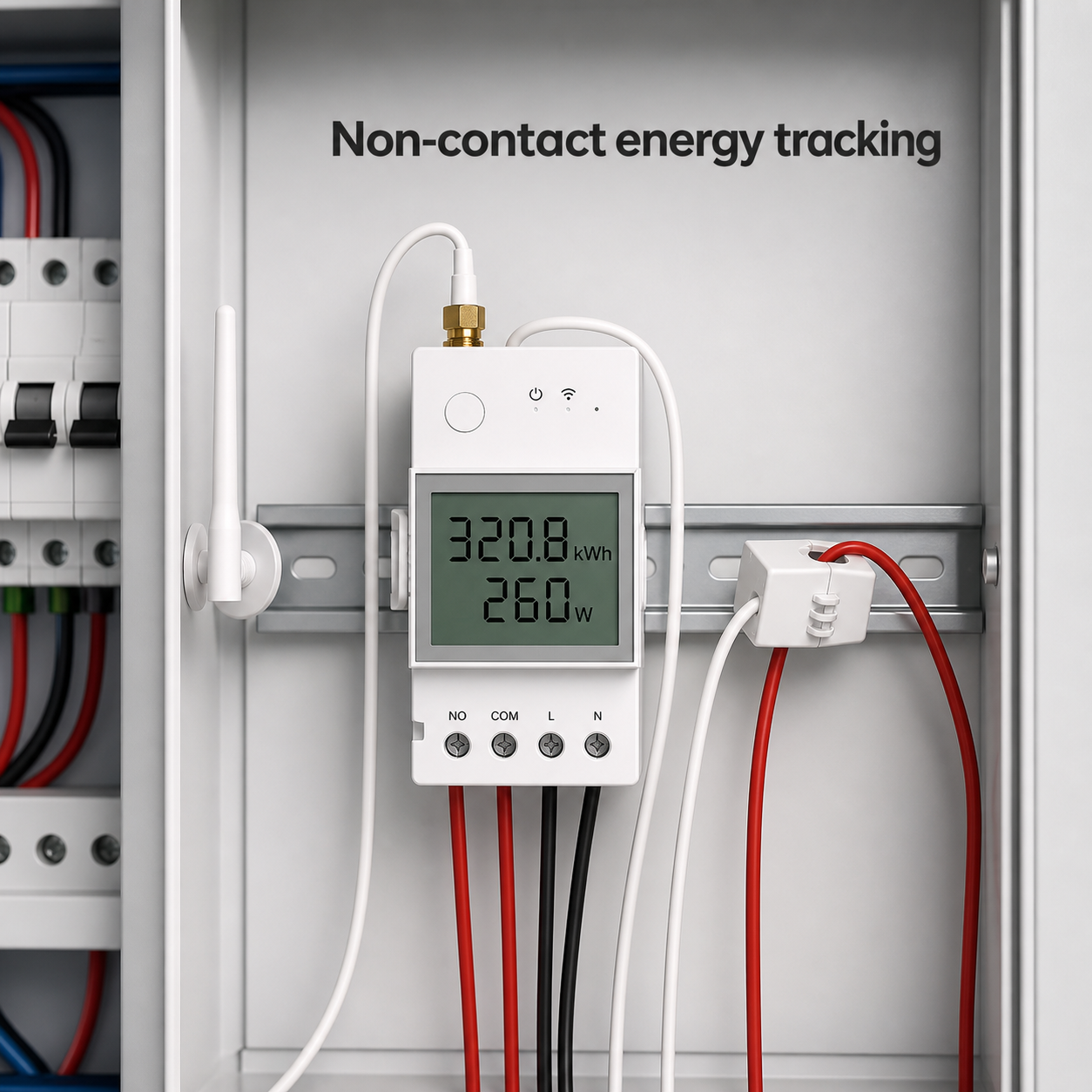 NéoMeter Ring Pro installed in a clean electrical panel with CT clamp