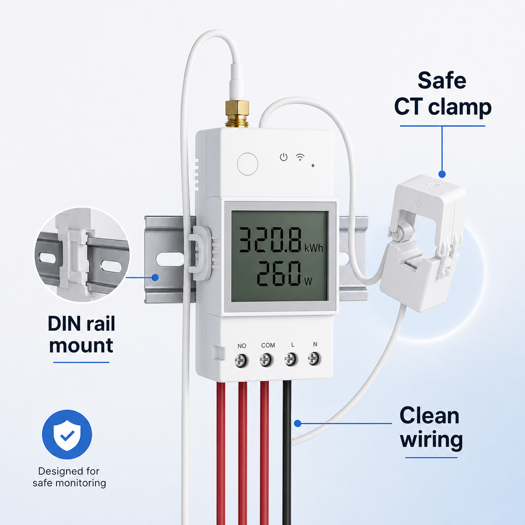 NéoMeter Ring Pro installation feature image with CT clamp and DIN rail mounting