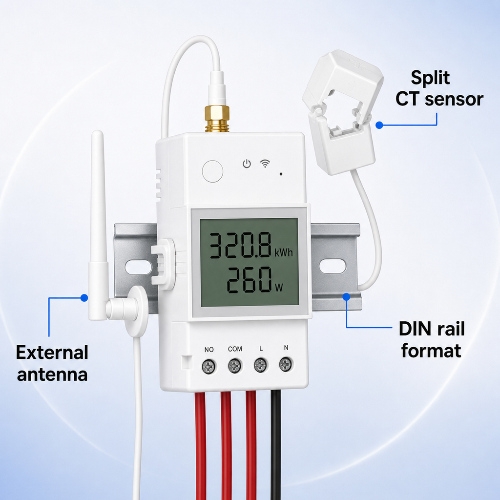 Product detail callouts for NéoMeter Ring Pro split CT sensor and DIN rail format