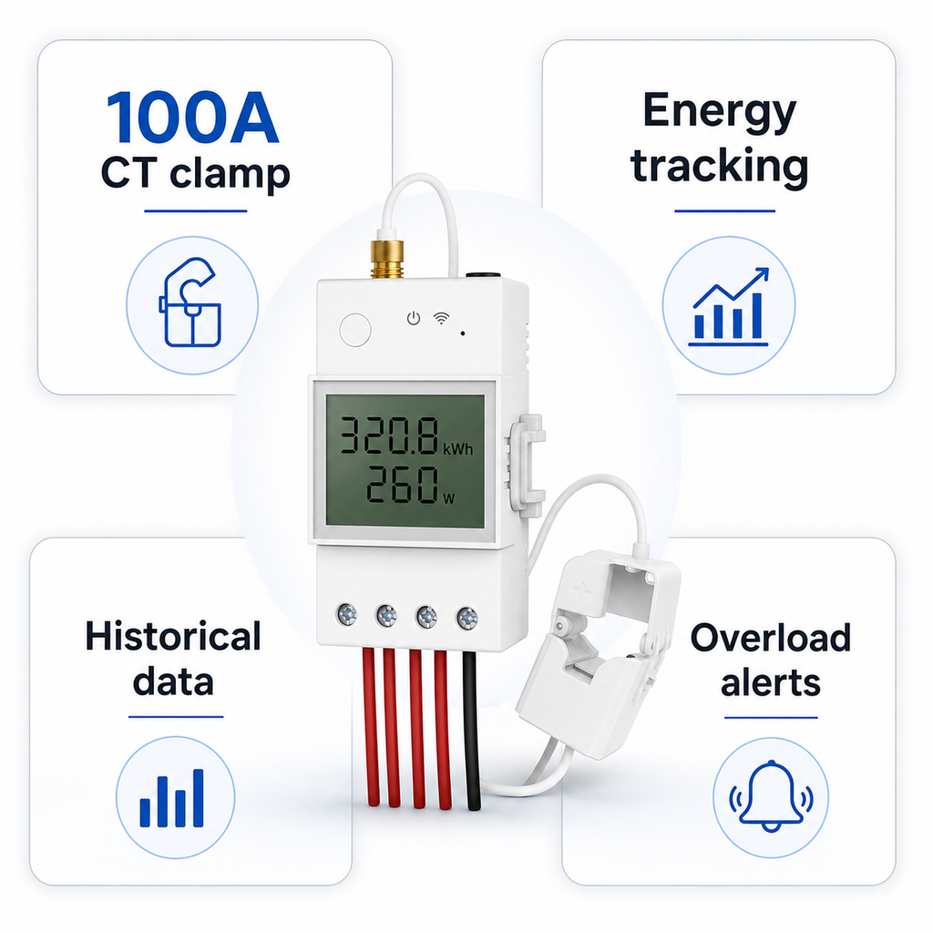 Feature overview for NéoMeter Ring Pro with CT clamp, energy tracking and alerts