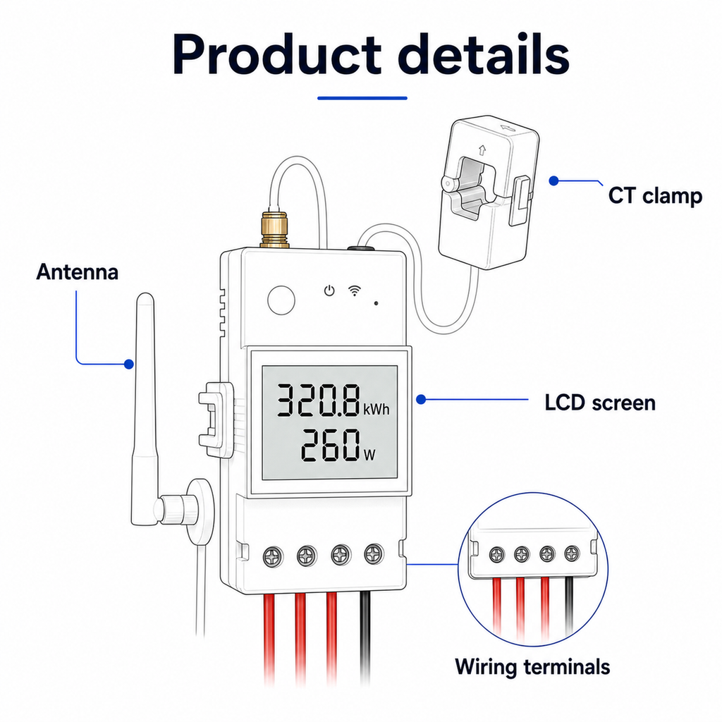 Product details diagram for NéoMeter Ring Pro showing antenna CT clamp LCD screen and terminals