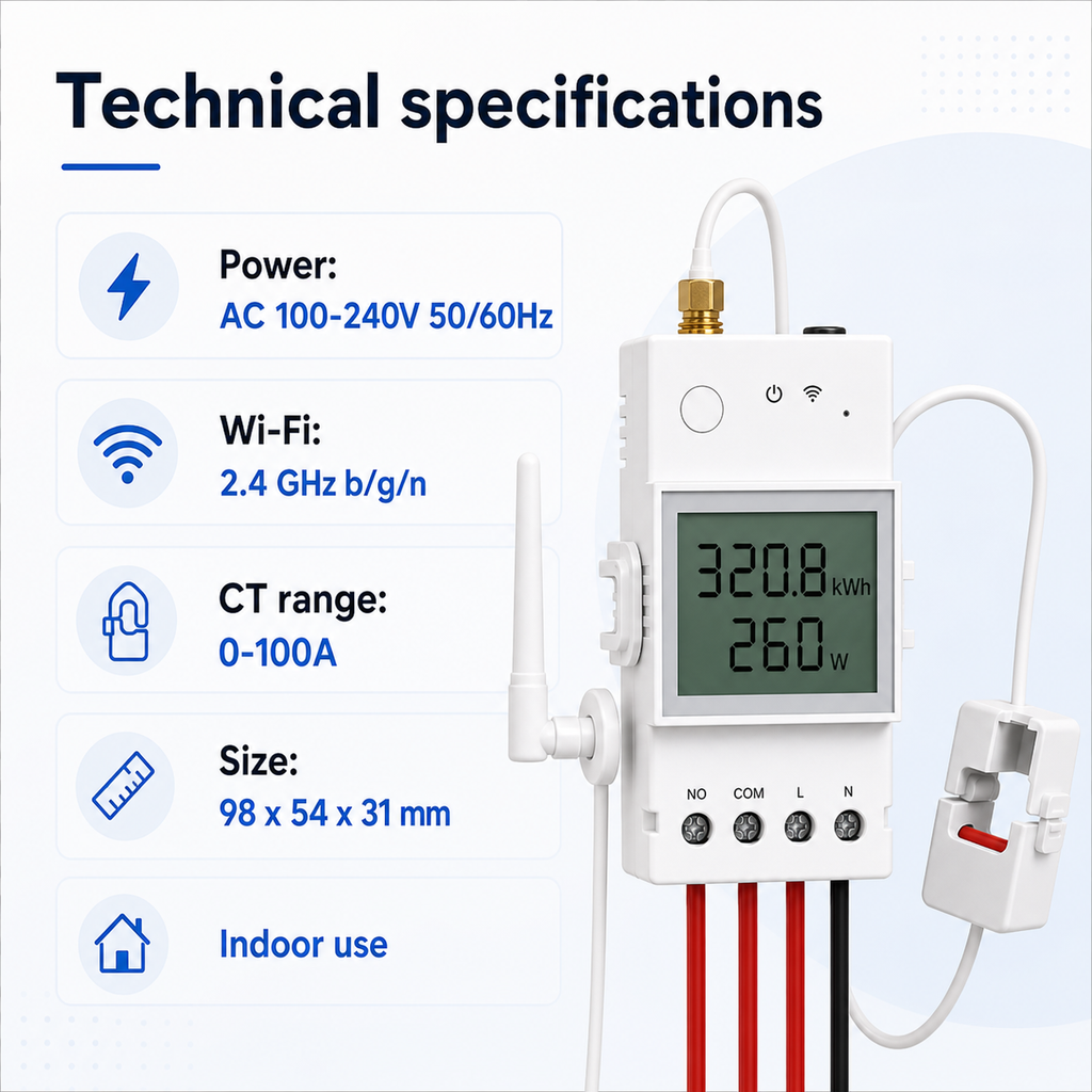 Technical specifications card for NéoMeter Ring Pro Wi-Fi energy meter