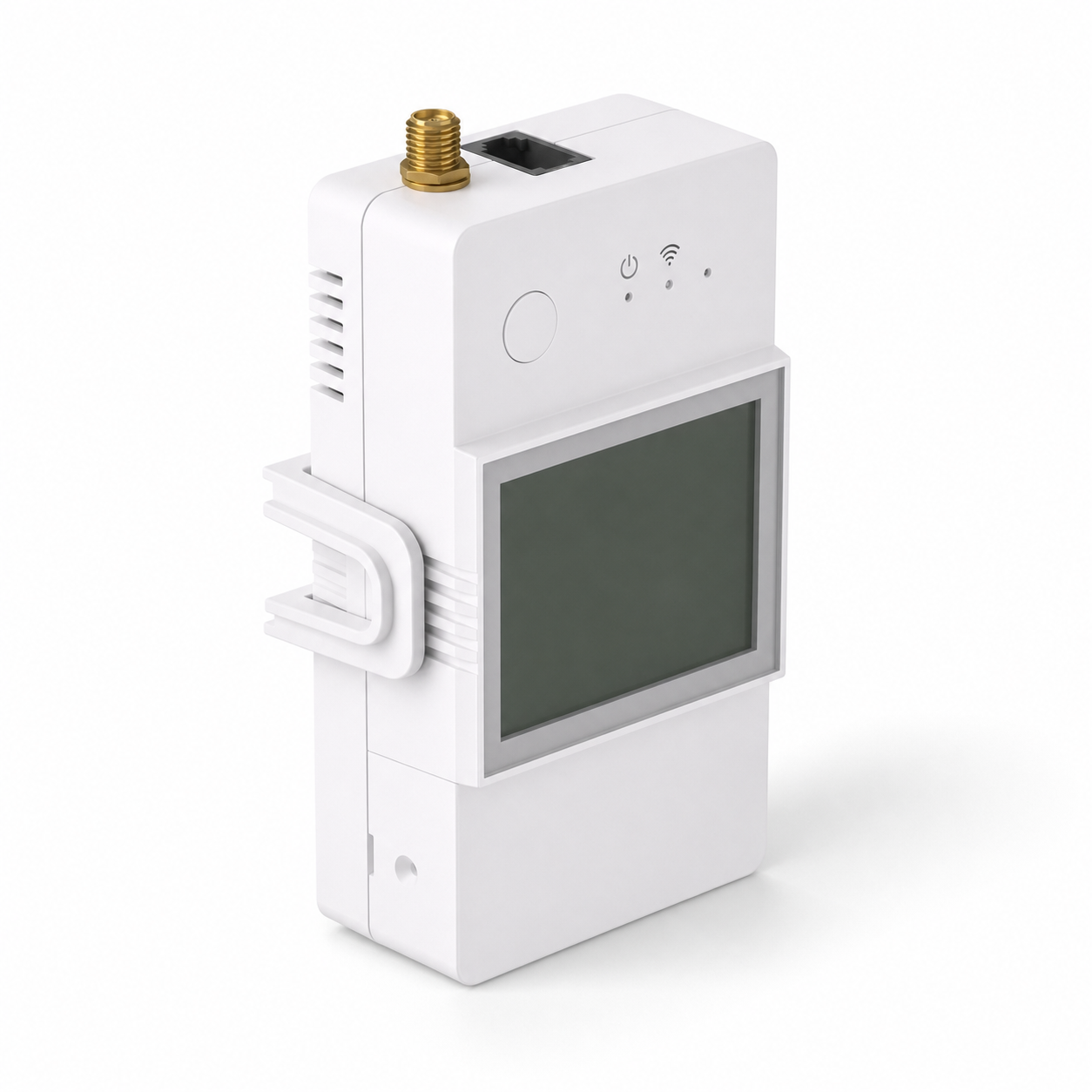 Three-quarter studio packshot of the white NéoMeter Ring Pro energy meter