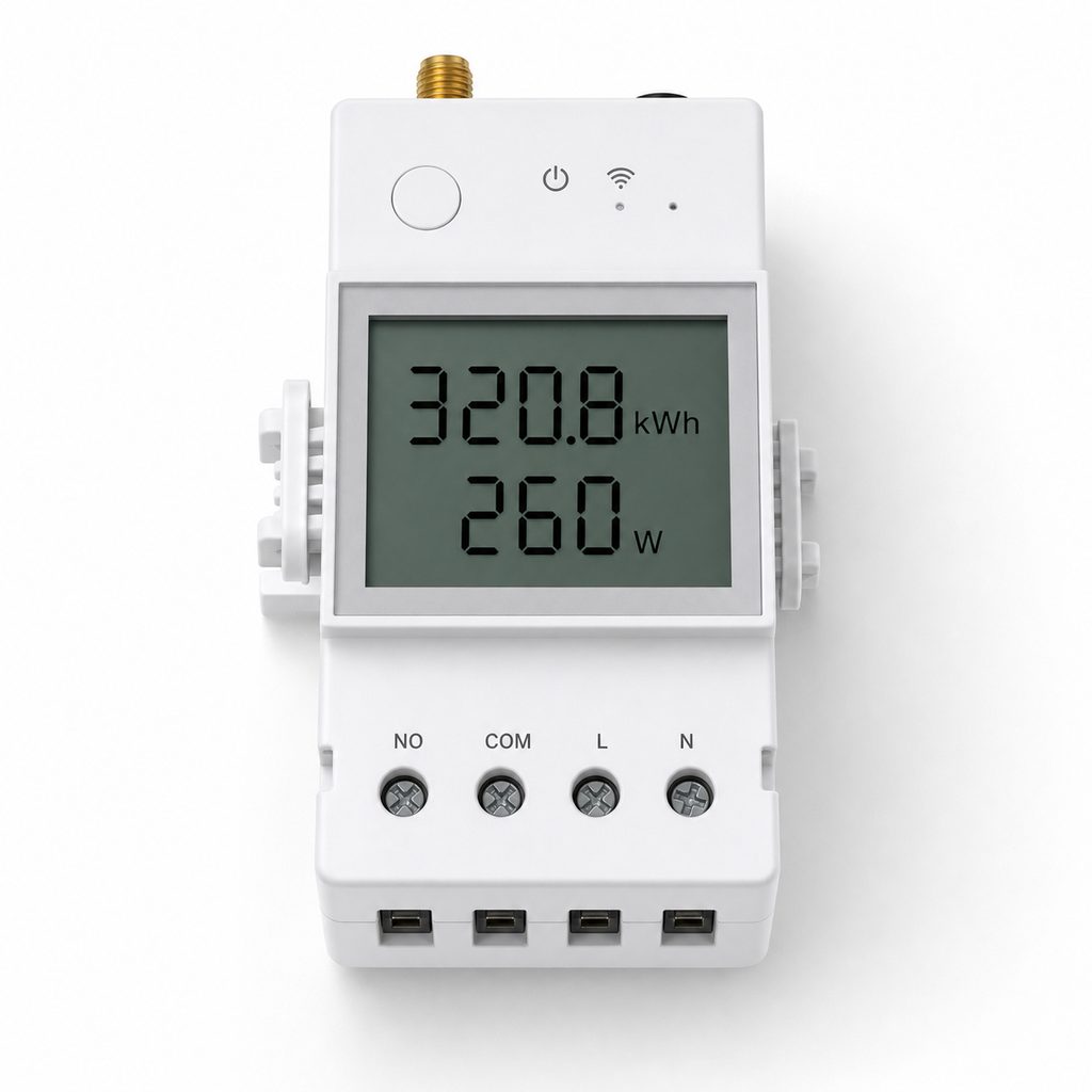 Front angle studio packshot of NéoMeter Ring Pro white DIN rail energy meter