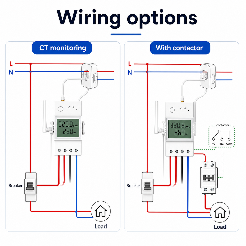 Clean wiring options diagram for NéoMeter Ring Pro CT monitoring and contactor setup