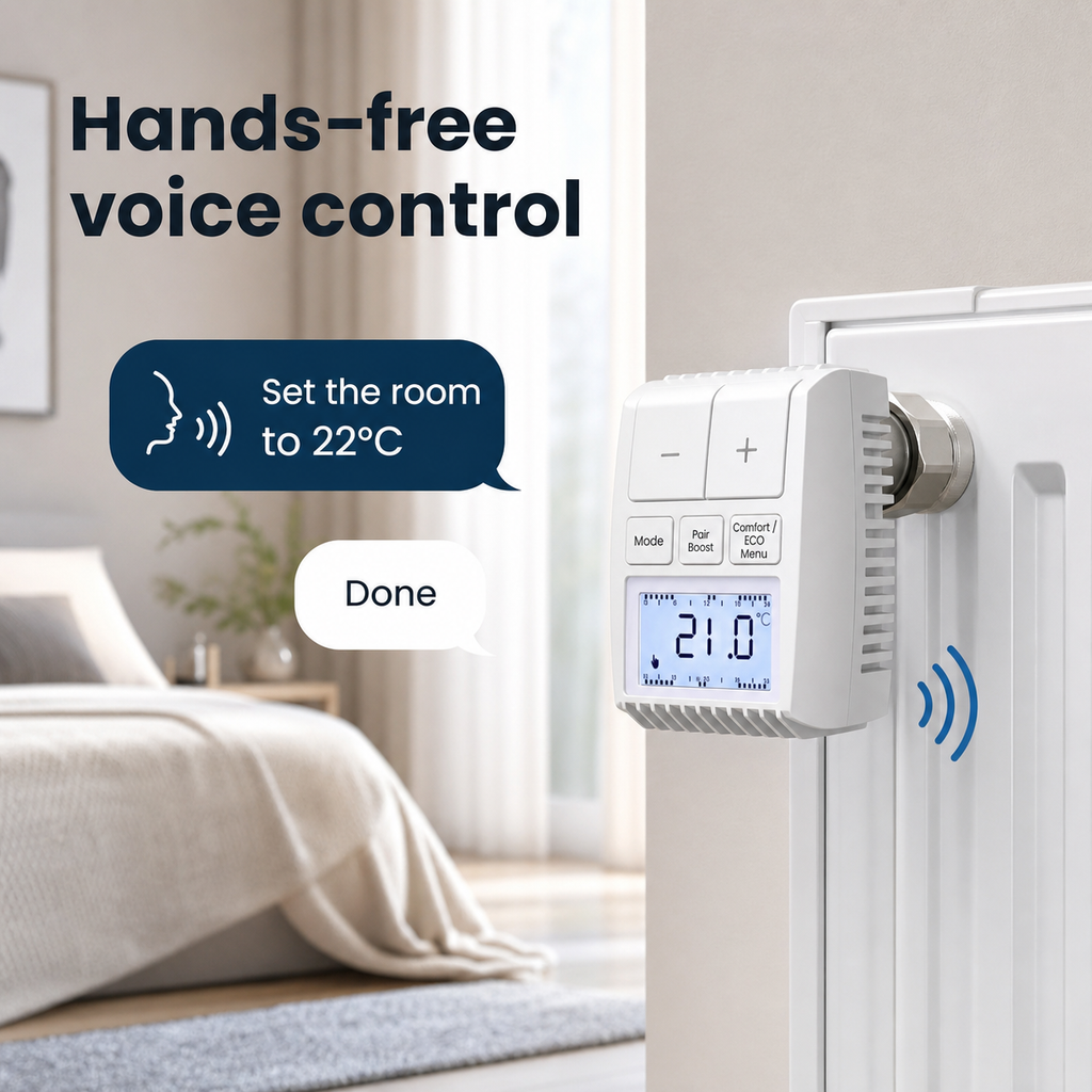 NéoMini Comfort 2 thermostatic radiator valve showing hands-free voice control in a modern room