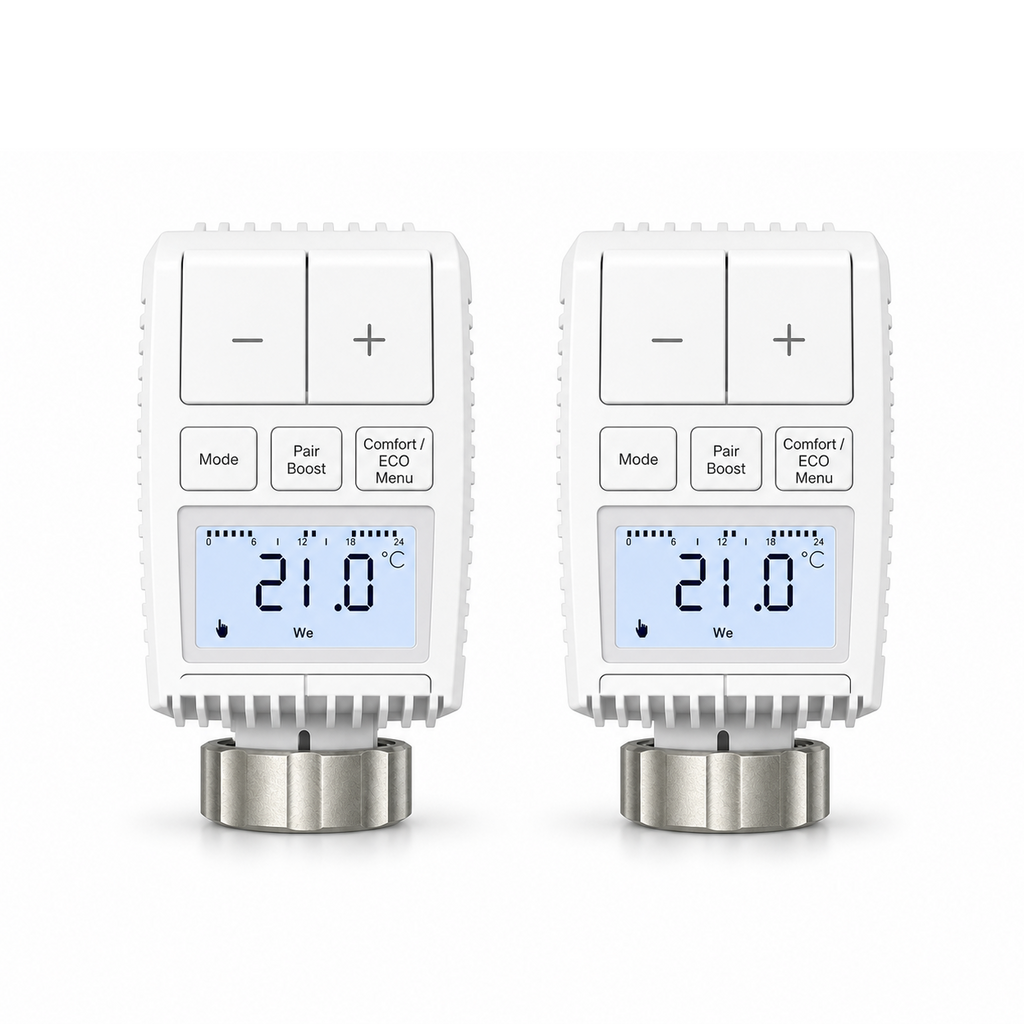 Lot de deux vannes thermostatiques compactes NéoMini Comfort 2 sur fond blanc, avec écrans LED et molettes métalliques.