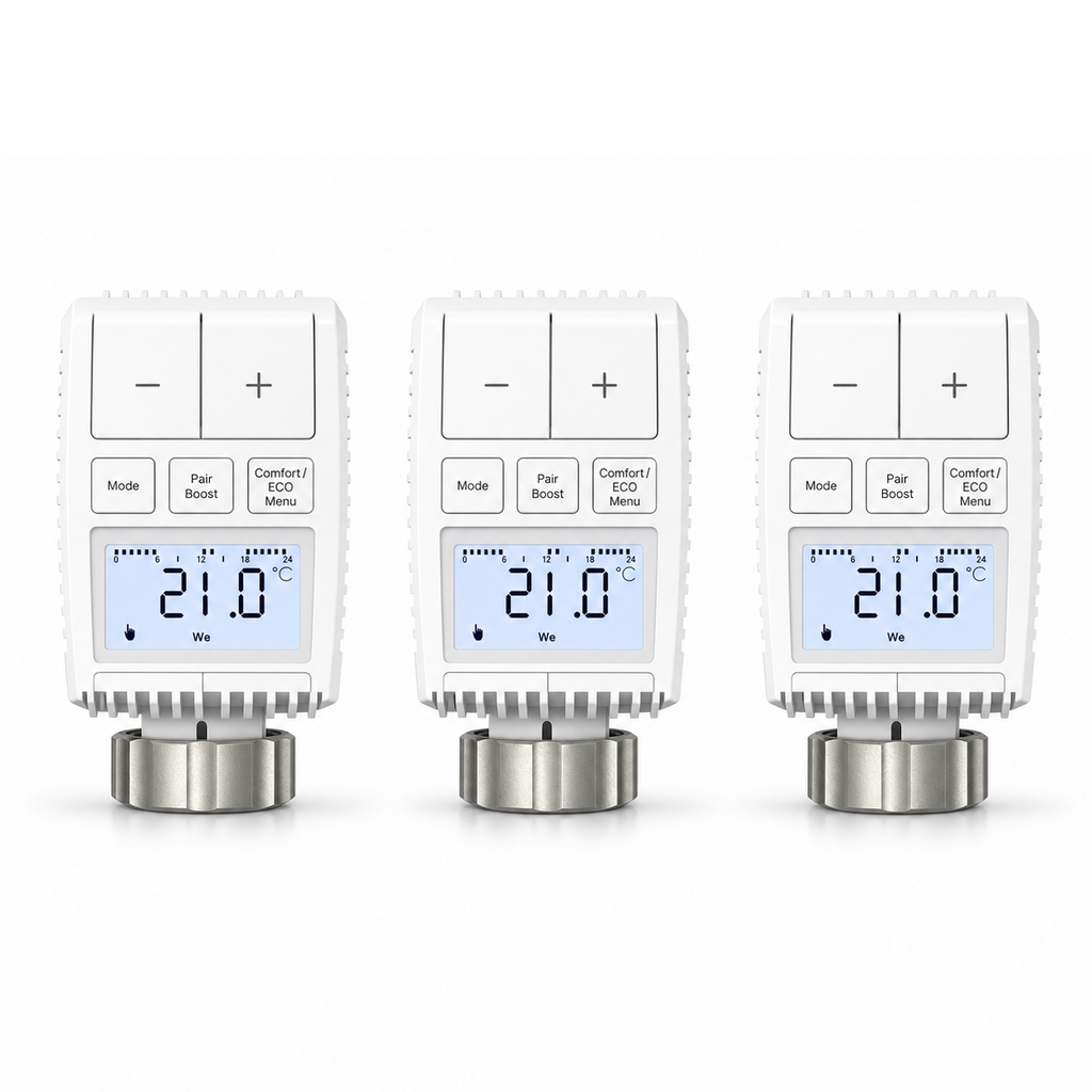 Lot de trois vannes thermostatiques compactes NéoMini Comfort 2 sur fond blanc, avec écrans LED et molettes métalliques.
