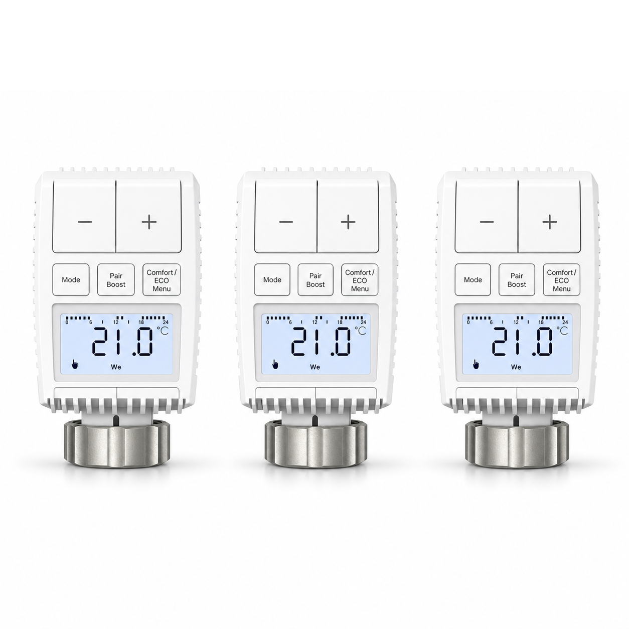 Lot de trois vannes thermostatiques compactes NéoMini Comfort 2 sur fond blanc, avec écrans LED et molettes métalliques.