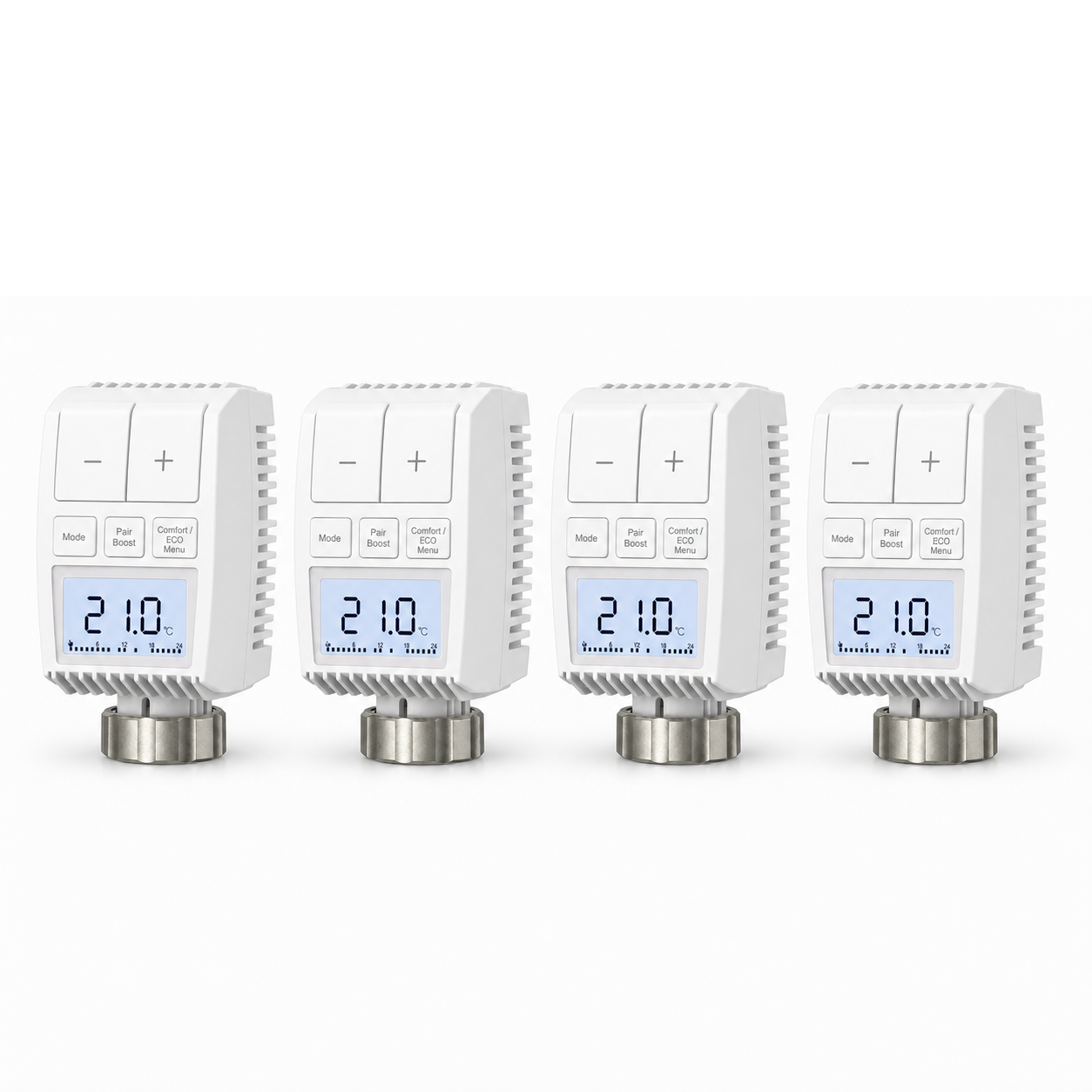 Lot de quatre vannes thermostatiques compactes NéoMini Comfort 2 sur fond blanc, avec écrans LED et molettes métalliques.