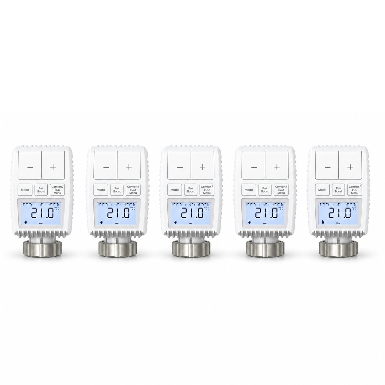 Lot de cinq vannes thermostatiques compactes NéoMini Comfort 2 sur fond blanc, avec écrans LED et molettes métalliques.