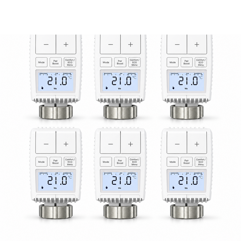 Lot de six vannes thermostatiques compactes NéoMini Comfort 2 sur fond blanc, avec écrans LED et molettes métalliques.
