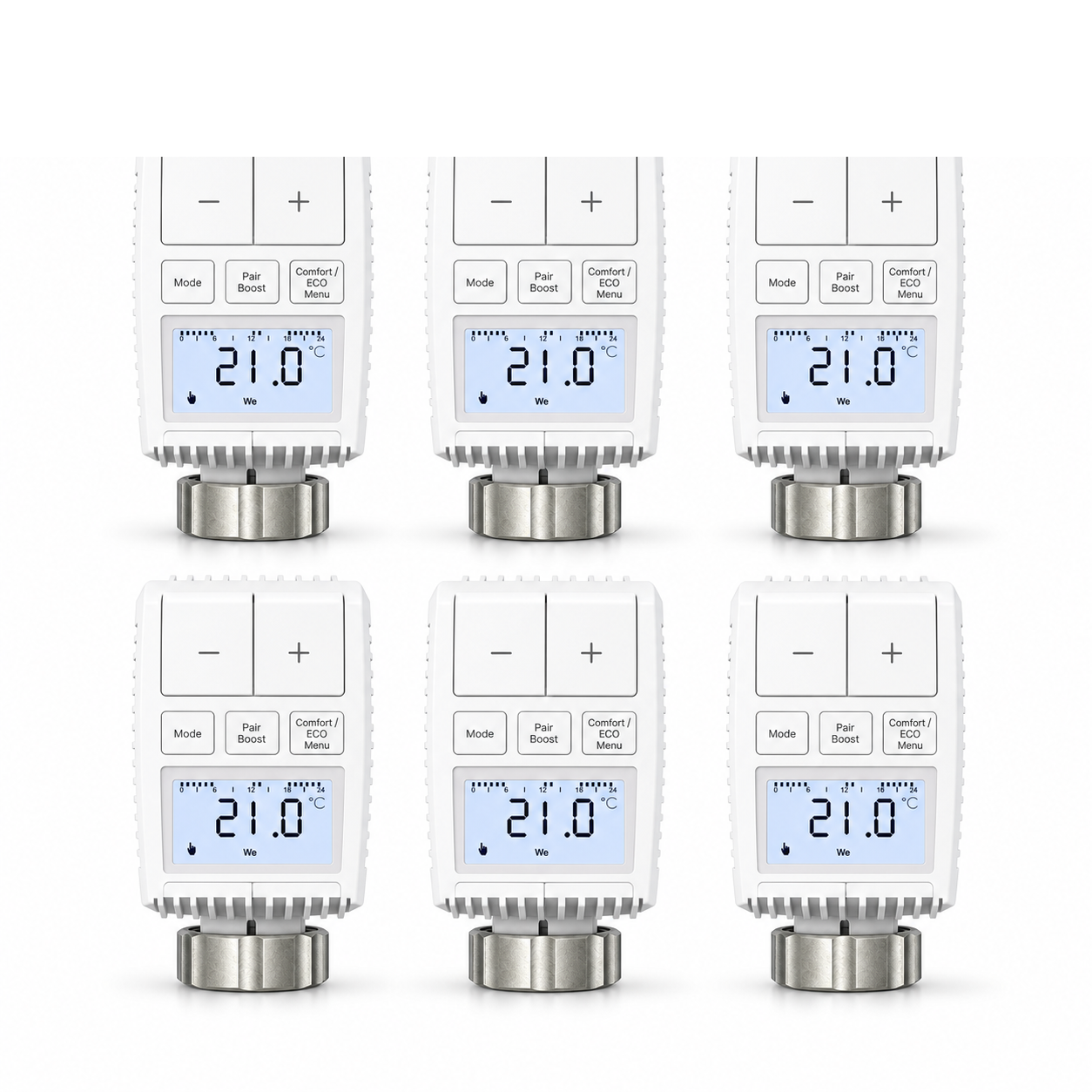Lot de six vannes thermostatiques compactes NéoMini Comfort 2 sur fond blanc, avec écrans LED et molettes métalliques.