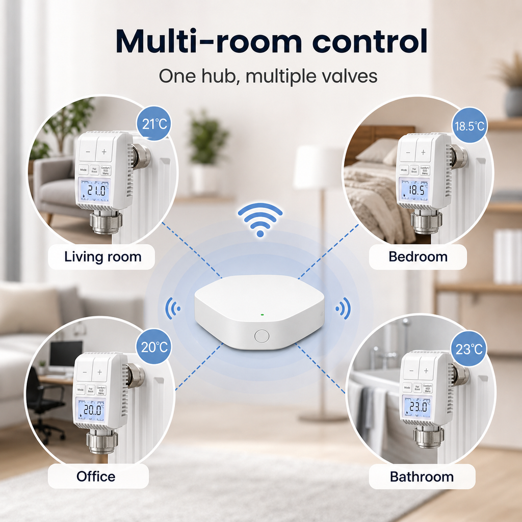 Multi-room control with one hub and multiple NéoMini Comfort 2 radiator valves
