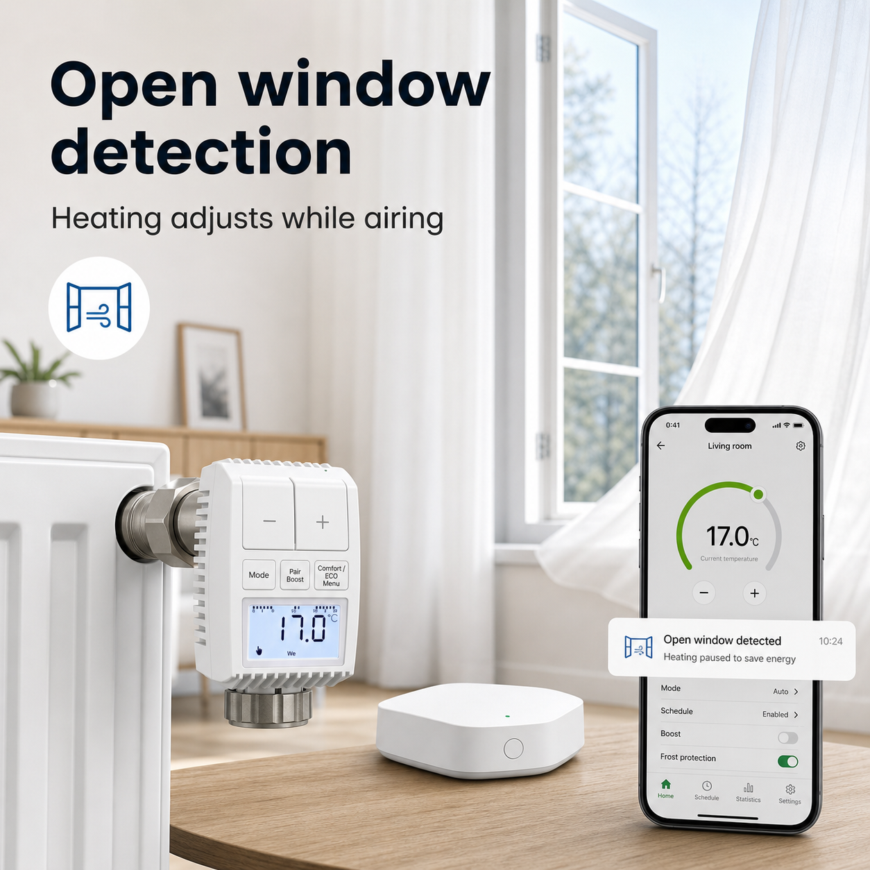 Open window detection feature for NéoMini Comfort 2 thermostatic radiator valve