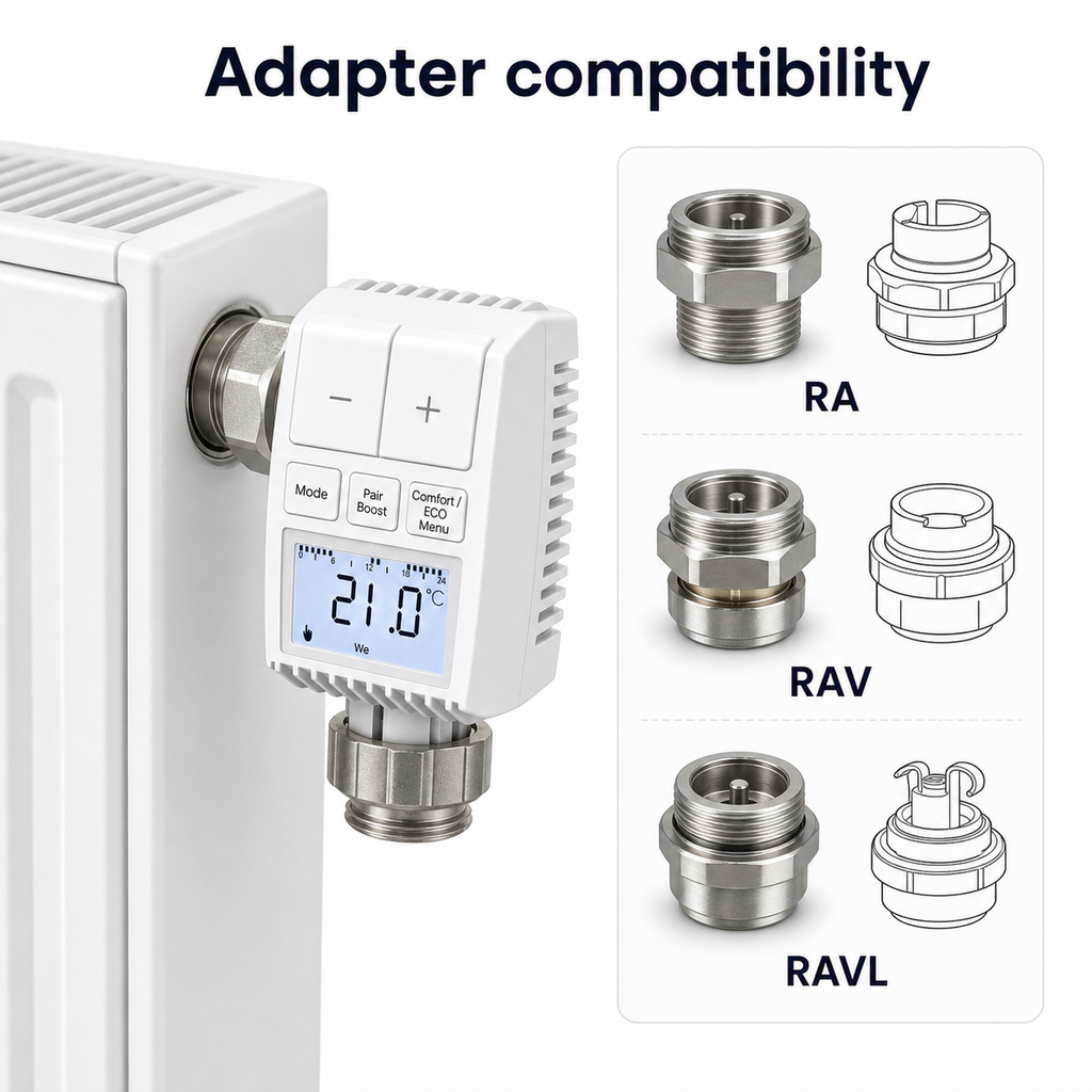 Adapter compatibility diagram for NéoMini Comfort 2 radiator valve with RA, RAV and RAVL adapters