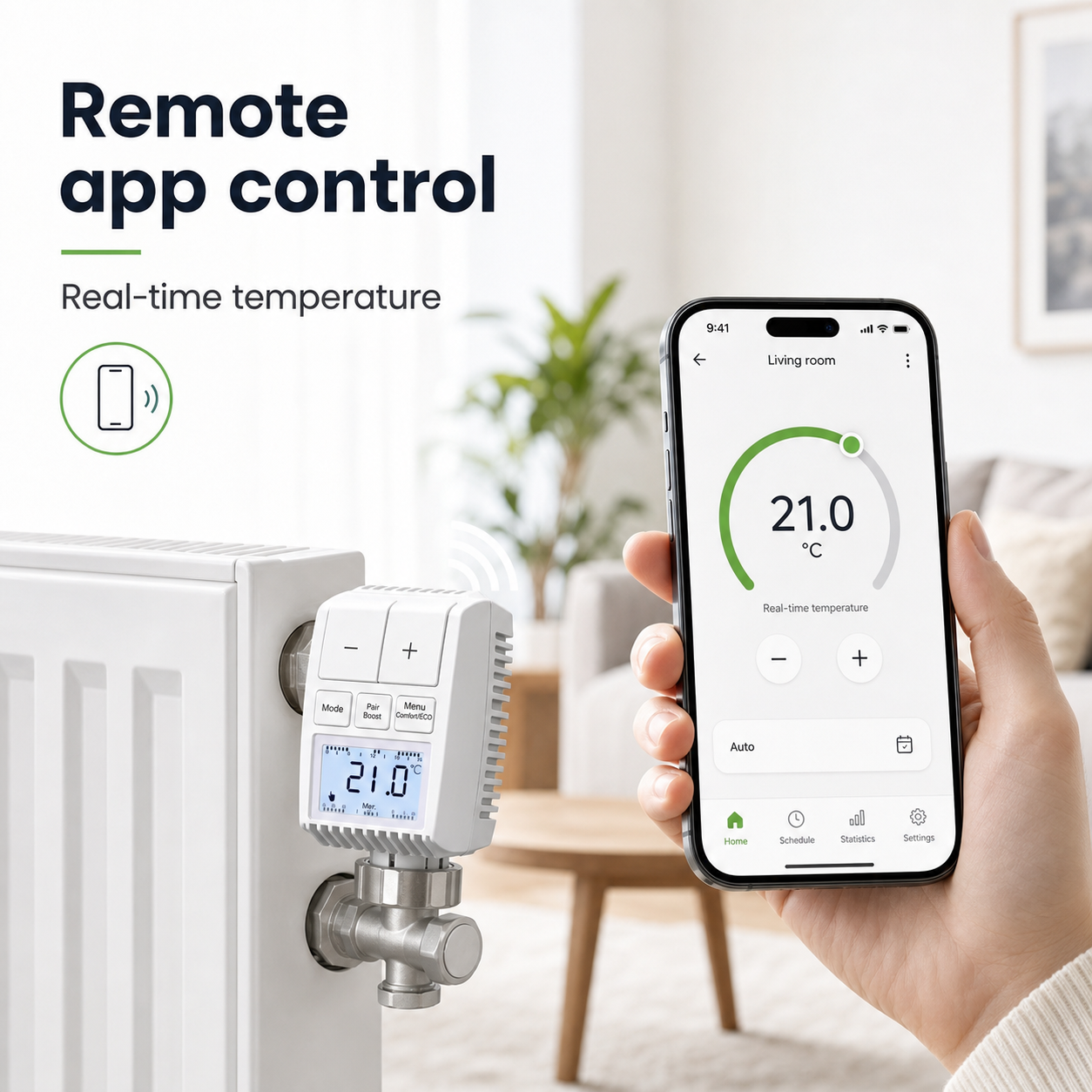 NéoMini Comfort 2 radiator valve with smartphone remote app control interface