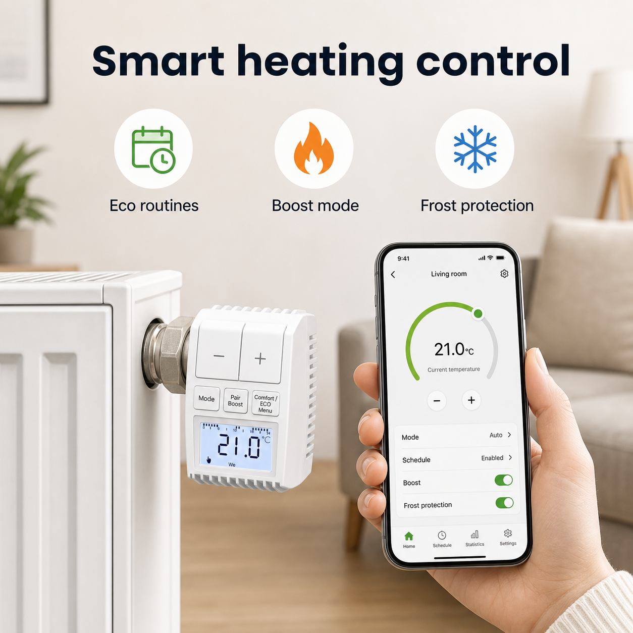 Smart heating control features for NéoMini Comfort 2 radiator thermostat