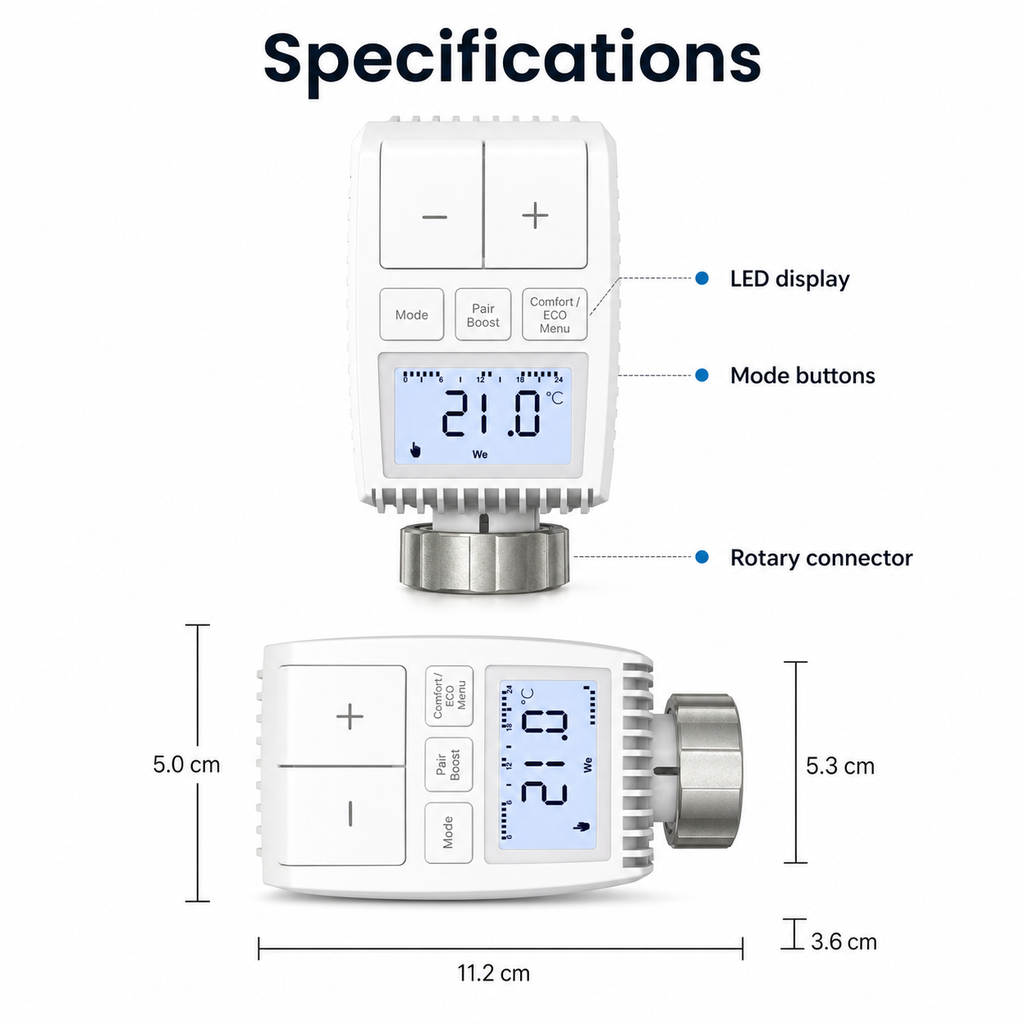 Technical specifications and dimensions of NéoMini Comfort 2 thermostatic radiator valve