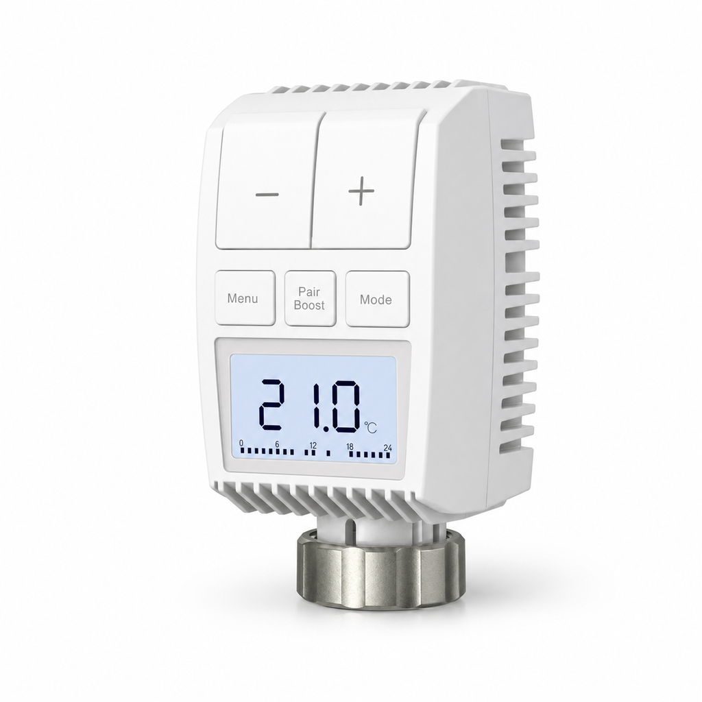 Studio packshot of NéoMini Comfort 2 compact thermostatic radiator valve with LED display