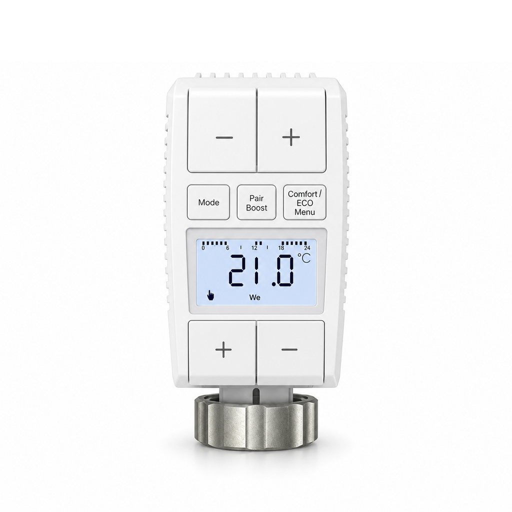 Vanne thermostatique compacte NéoMini Comfort 2 vue de face sur fond blanc, avec écran LED et molette métallique.