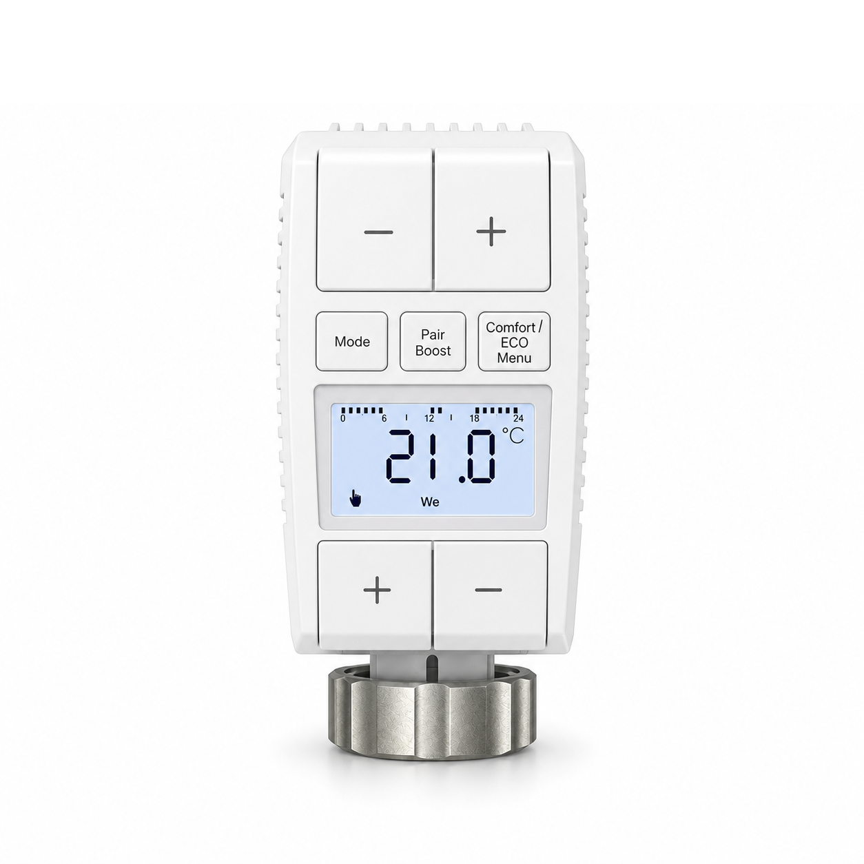 Vanne thermostatique compacte NéoMini Comfort 2 vue de face sur fond blanc, avec écran LED et molette métallique.
