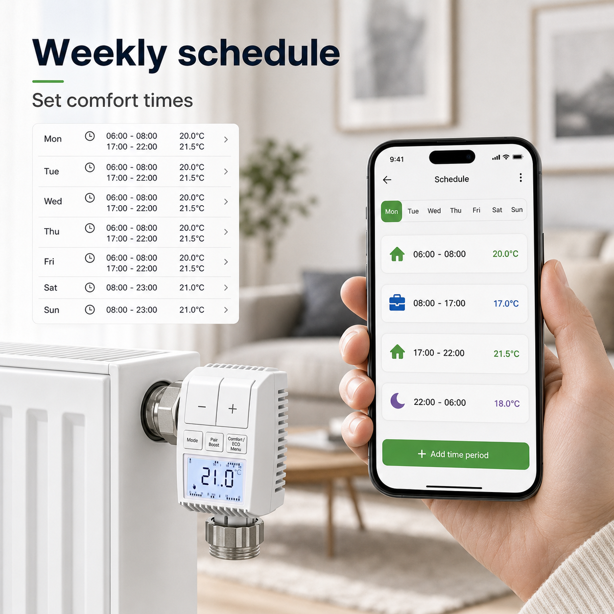 Weekly schedule control for NéoMini Comfort 2 smart thermostatic radiator valve