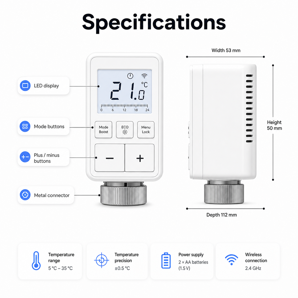 Specifications diagram with LED display buttons and dimensions for NéoMini Comfort valve