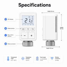 Specifications diagram with LED display buttons and dimensions for NéoMini Comfort valve