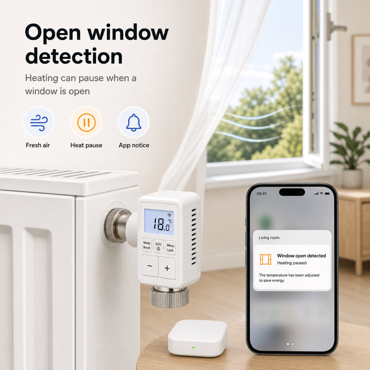 Open window detection graphic for NéoMini Comfort radiator valve