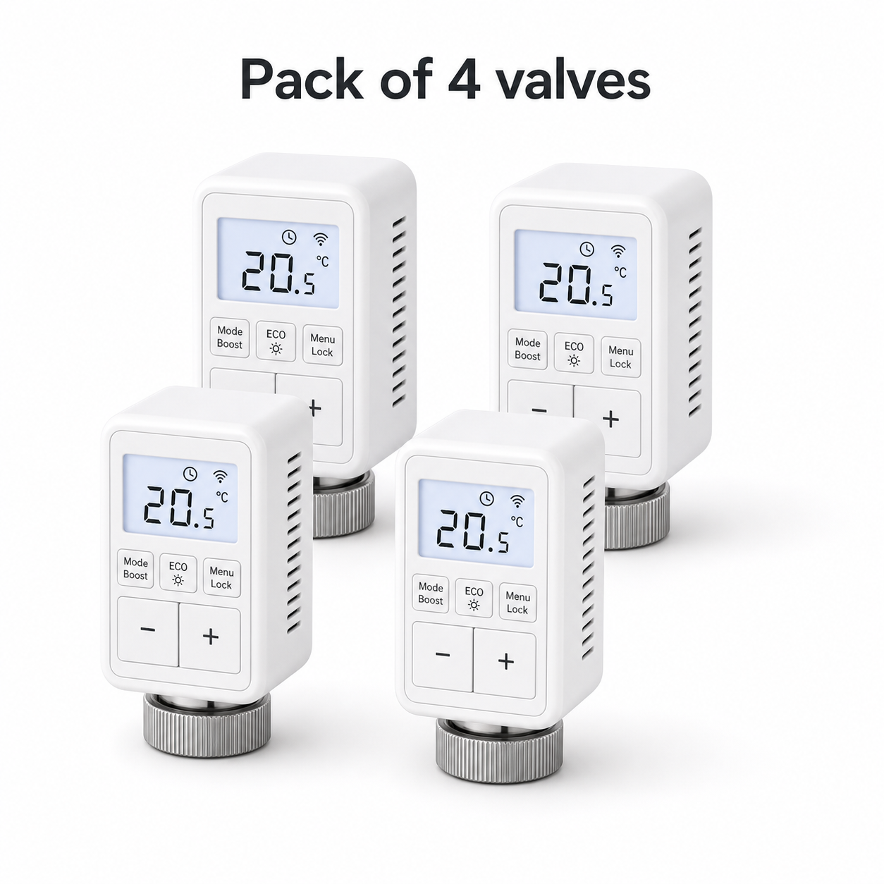 Pack of four NéoMini Comfort compact LED radiator valves