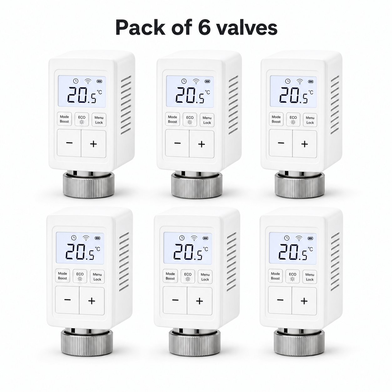 Pack of six NéoMini Comfort compact LED radiator valves