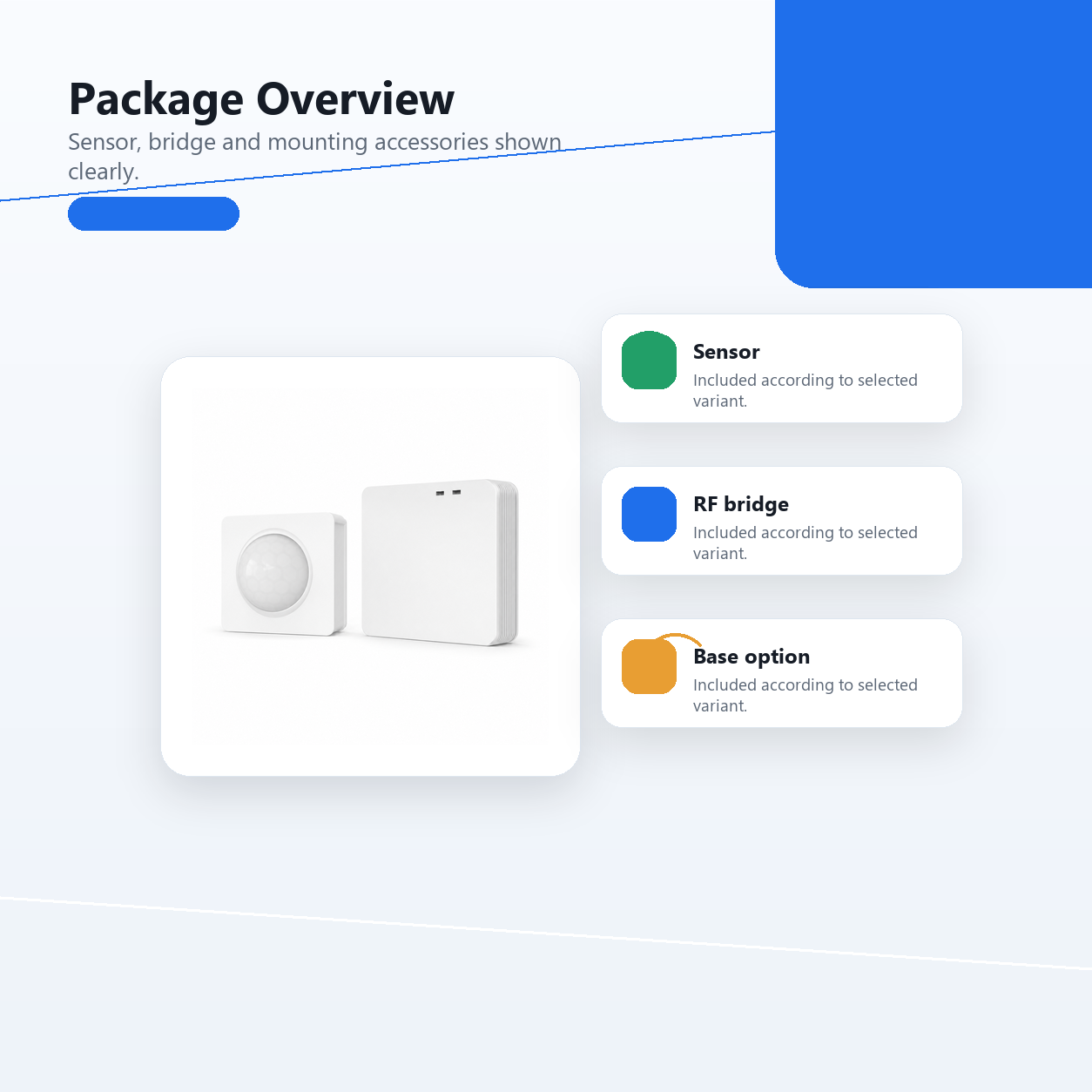Package overview for NéoMotion RF Pro sensor bridge and accessories