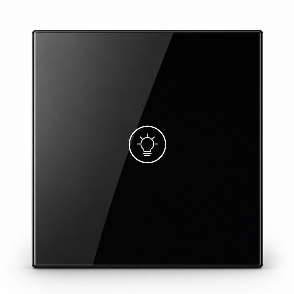 Studio packshot of black one-touch Wi-Fi dimmer switch